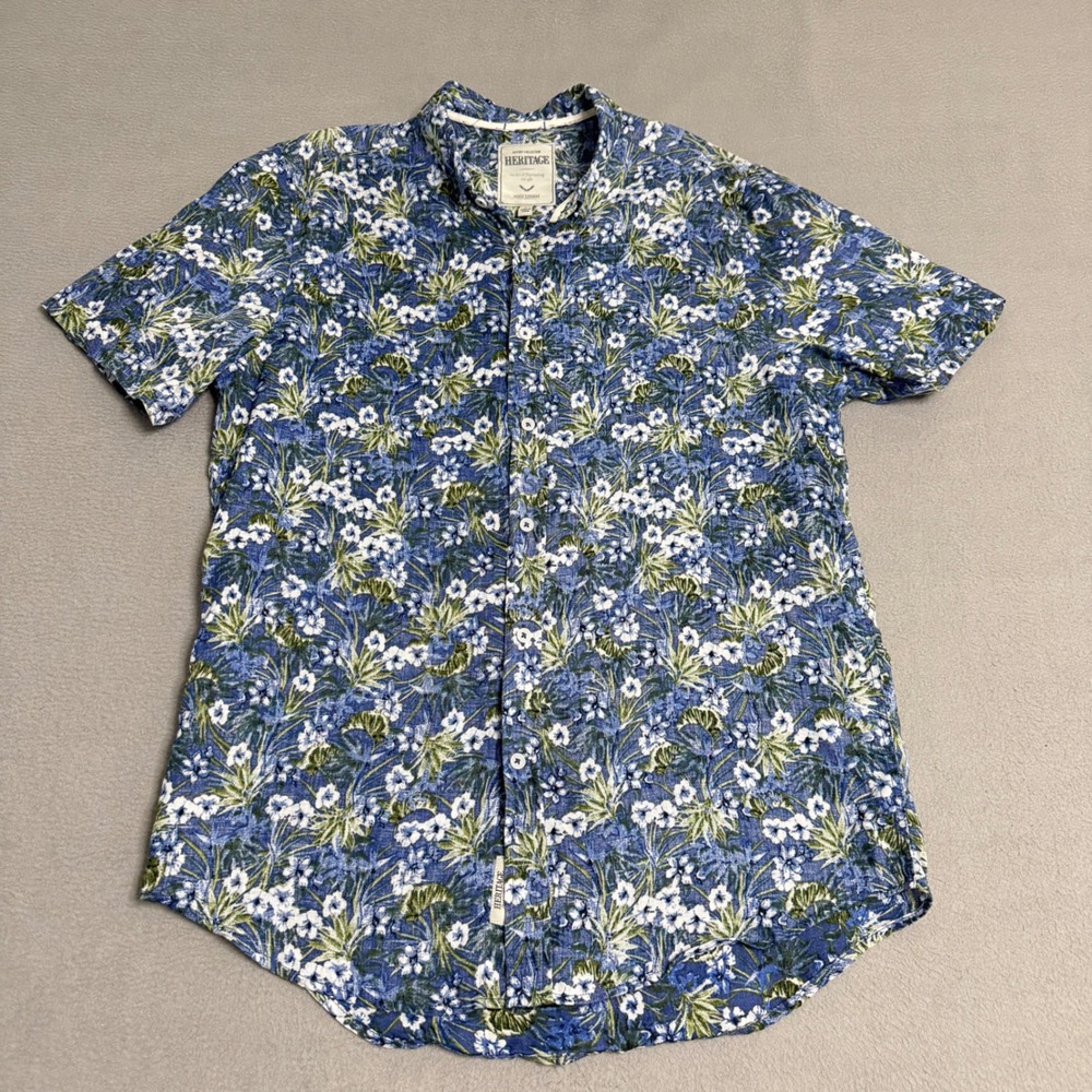 Report Collection Heritage Shirt Mens L Blue‎ 100% Linen Tropical Floral Resort